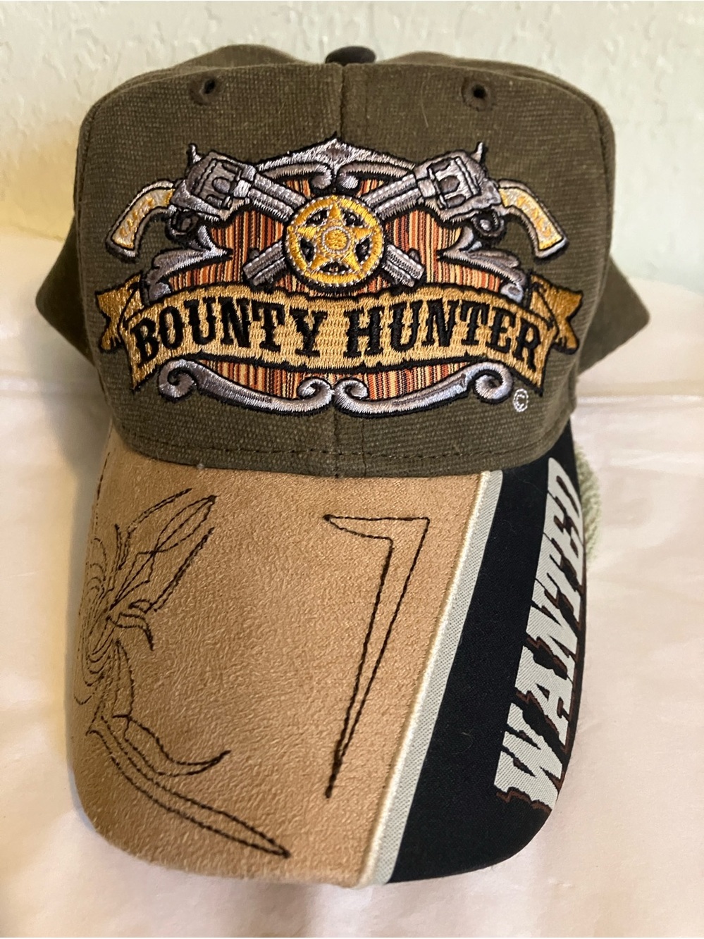 Bounty Hunter Western Baseball Cap Hat Wanted Crossed Pistols Boot Stitch Brim